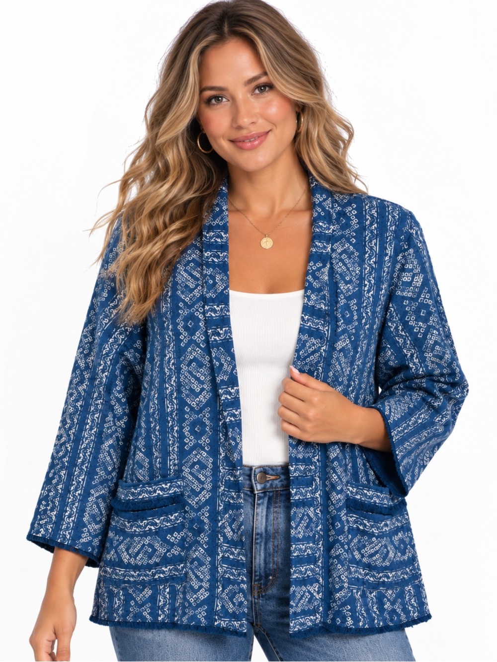 Velvet by Graham & Spencer Blue Southwestern Fringe Blazer